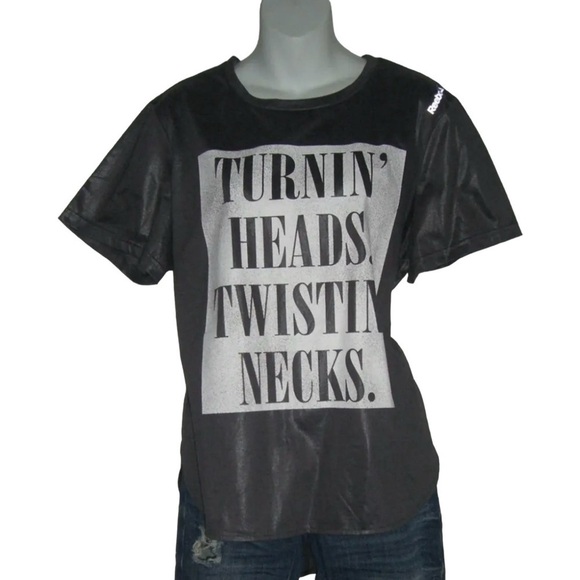 Reebok Tee Shirt Turnin Heads Twistin Necks Distressed Metallic Logo Sporty Gray - Picture 10 of 10